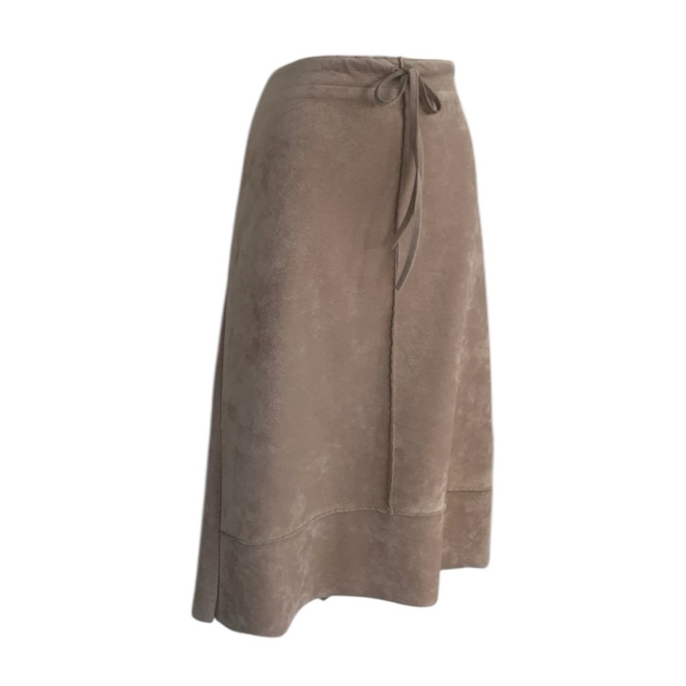 XI skirt, Women's L tan (faux) suede, A-line, drawstring waist outside seams EUC